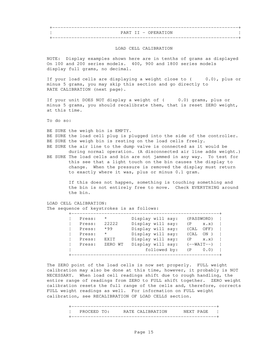 Conair GB/ WSB manual Part Operation Load Cell Calibration, Be Sure, Cal Off, Zero WT, Proceed to Rate Calibration Next 