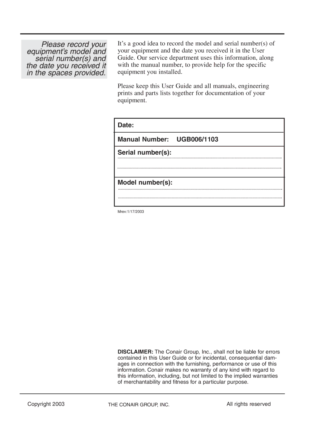 Conair GB/ WSB manual Date Manual Number UGB006/1103 Serial numbers Model numbers 