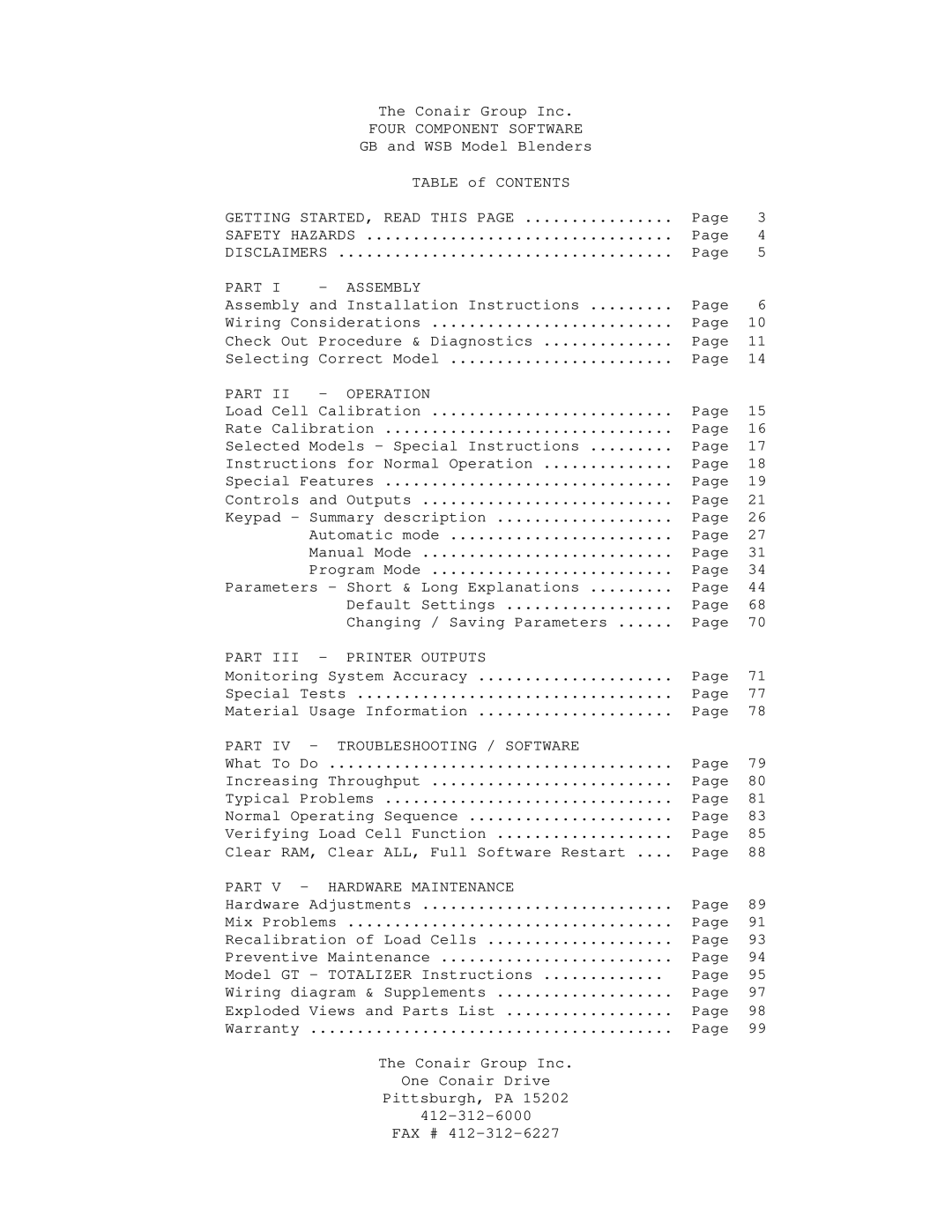 Conair GB/ WSB manual Four Component Software, Part Operation, Part Printer Outputs, Part Troubleshooting / Software 