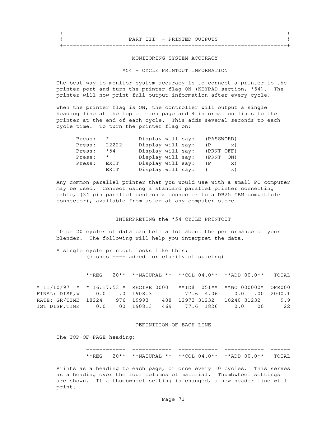 Conair GB/ WSB manual Prnt OFF, REG Natural COL, Total, Final DISP,%, Rate GR/TIME, 1ST DISP,TIME, Definition of Each Line 