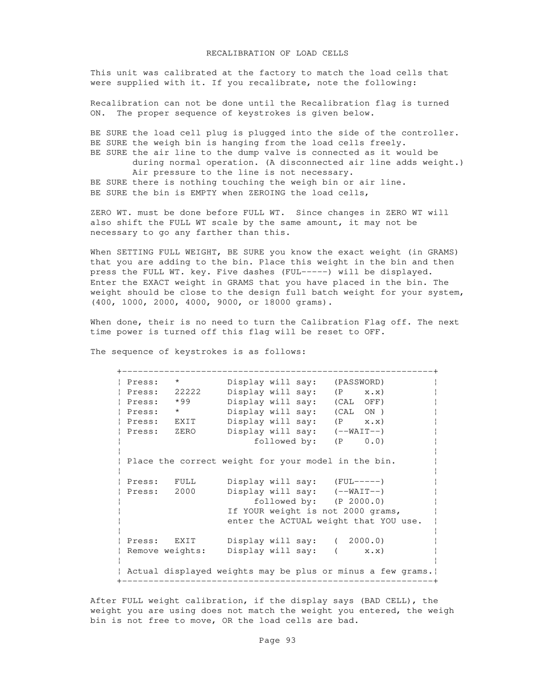 Conair GB/ WSB manual Recalibration of Load Cells, Zero, Wait, Full 