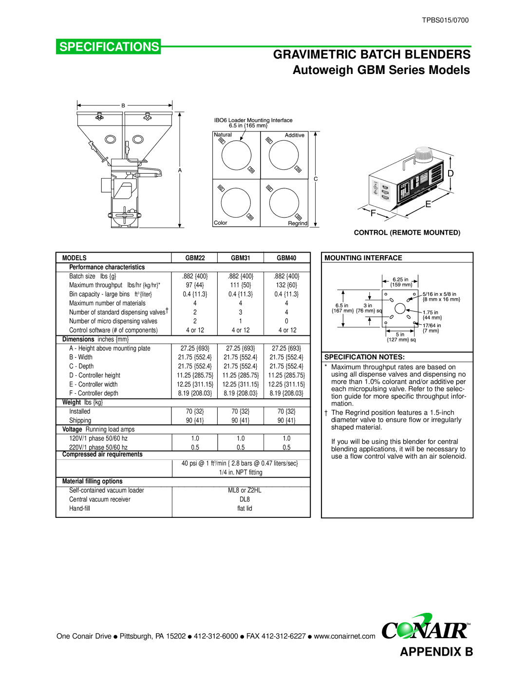 Conair GB/ WSB manual Specifications, Gravimetric Batch Blenders Autoweigh GBM Series Models 