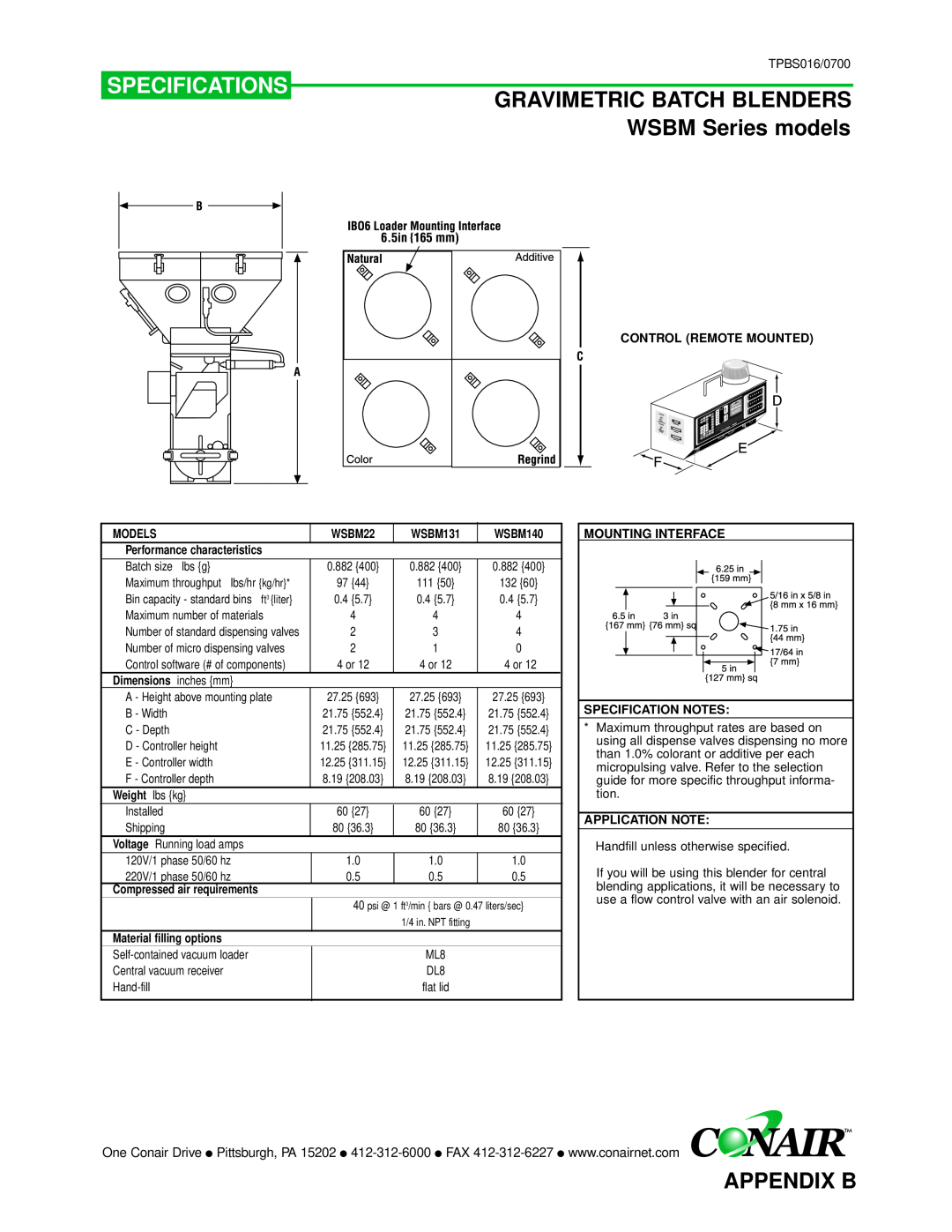 Conair GB/ WSB manual GRAVIMETRIC BATCH BLENDERS WSBM Series models, Specifications, Appendix B 