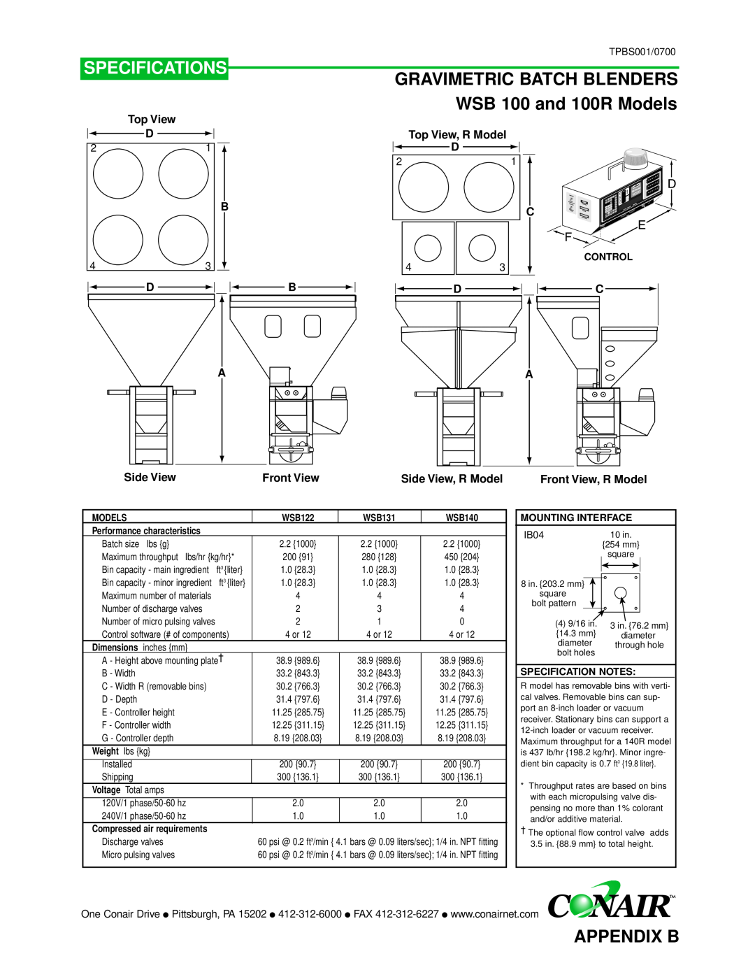 Conair GB/ WSB manual Specifications, Appendix B, Top View D, Top View, R Model D, Front View, Side View, R Model 