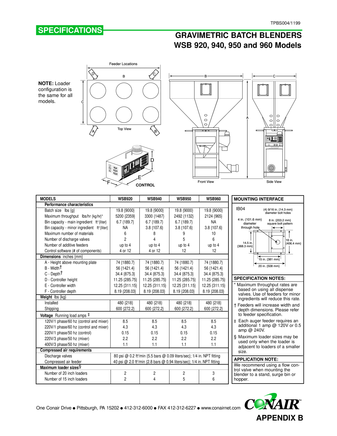 Conair GB/ WSB manual Gravimetric Batch Blenders, WSB 920, 940, 950 and 960 Models, Specifications, Appendix B 