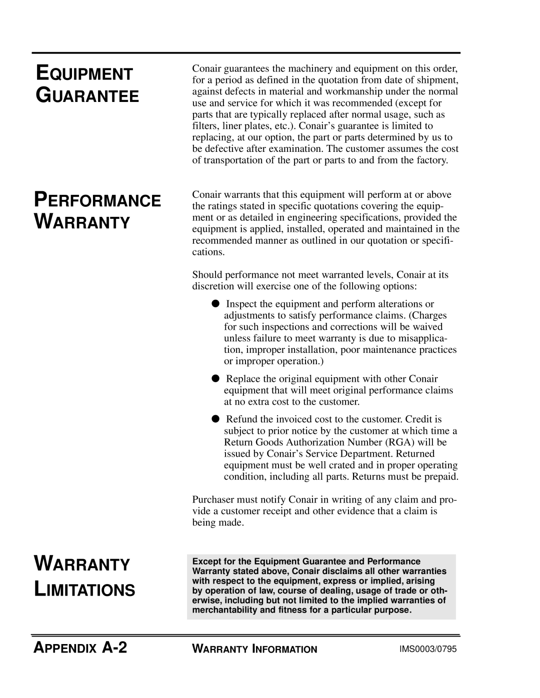 Conair GB/ WSB manual Equipment Guarantee Performance Warranty, Warranty Limitations, APPENDIX A-2 
