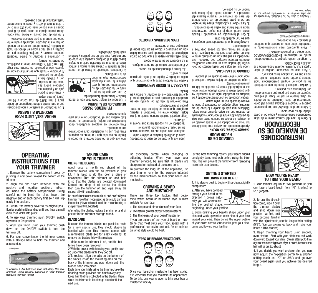 Conair GMT100RQCS operating instructions Barba SU Recortar Para Listo Está Ahora, Recortador SU DE Cuidado 