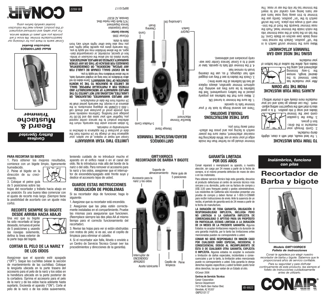 Conair GMT100RQCS operating instructions DE LOS Oídos, Garantía Limitada POR DOS Años 