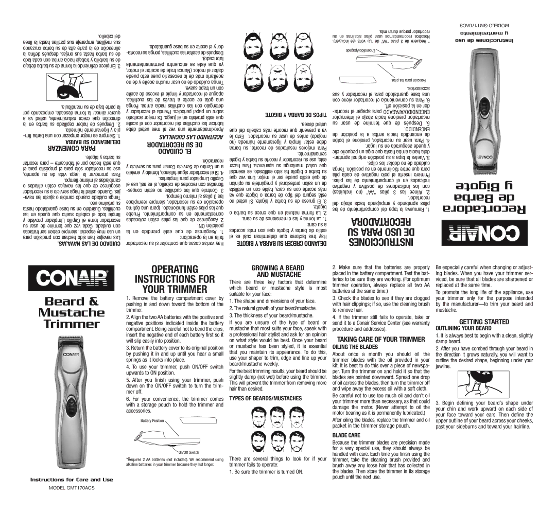 Conair GMT170ACS operating instructions Growing a Beard Mustache, Taking Care of Your Trimmer, Getting Started 