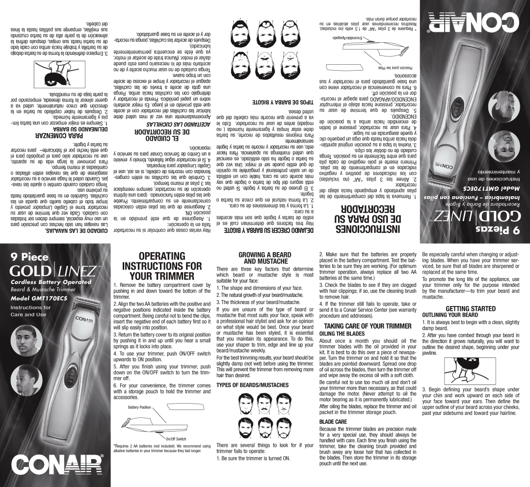 Conair GMT170ECS operating instructions GETTINg Started, Su usar de termine que, Negativo, No AA pilas 