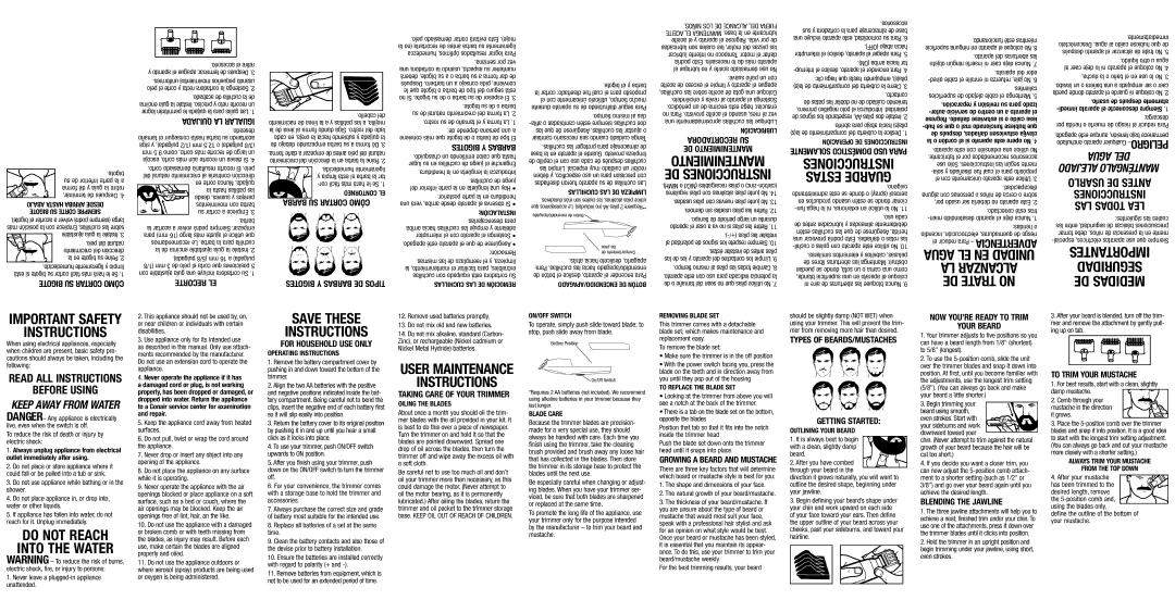 Conair GMT175RCS important safety instructions Bigote SU Corte Siempre, Lubr, Recortadora, Llaides S, Ieza Truccnis 