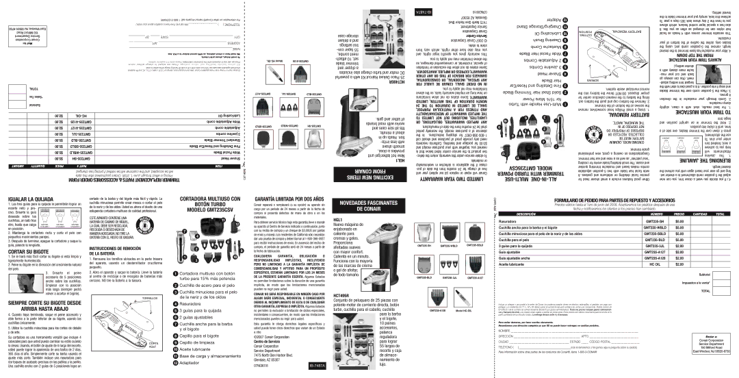 Conair GMT235CSV Removal battery, Power turbowthi Mmertri, Warranty Year Two Limited Mult-allone-ni Ui- se 