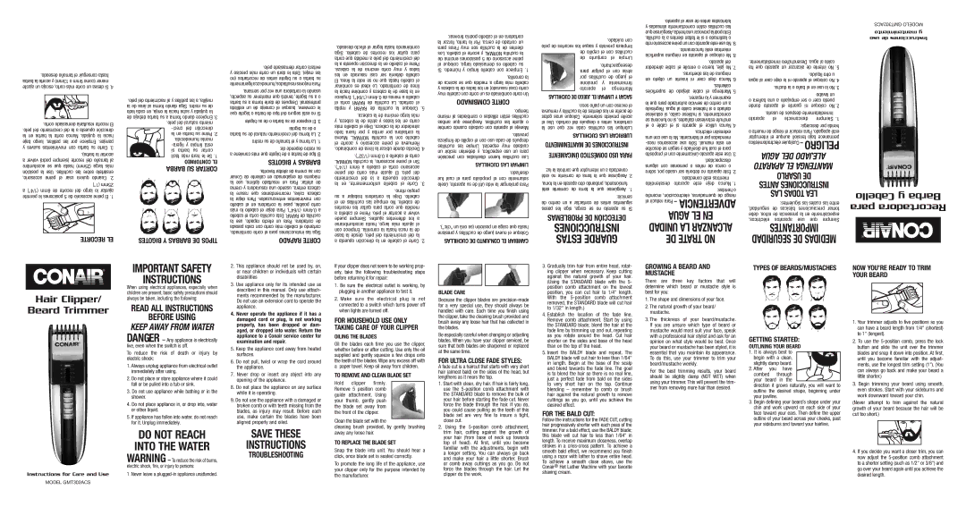 Conair GMT302ACS important safety instructions Oiling the Blades, To remove and clean blade set, To rePLACE the blade set 