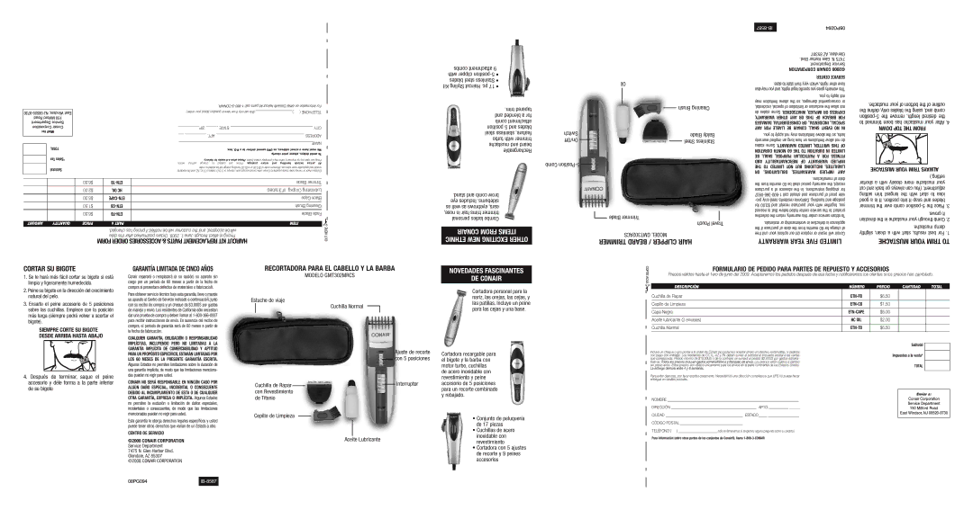 Conair Down top the from, Mustache your trim Always, Blade Trimmer, GMT302ACSodel, Interruptor, Aceite Lubricante 