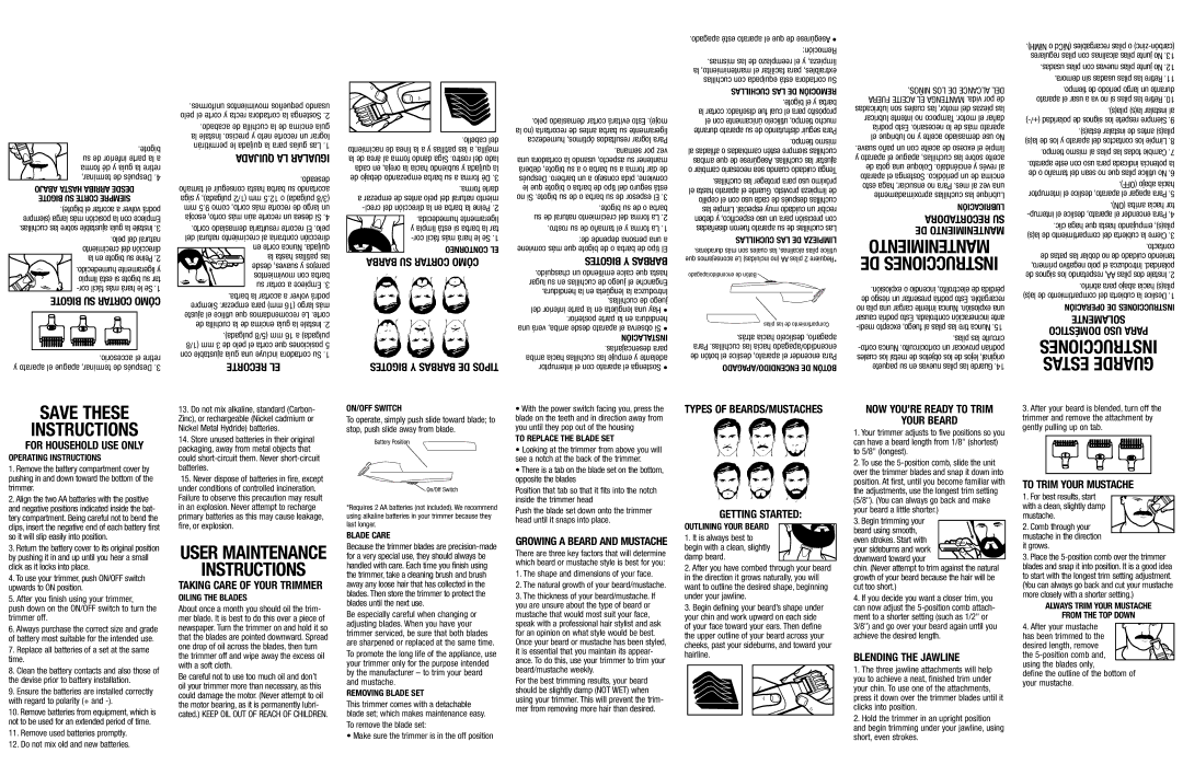 Conair GMT7CS operating instructions Taking Care of Your Trimmer, Growing a Beard and Mustache, Blending the Jawline 