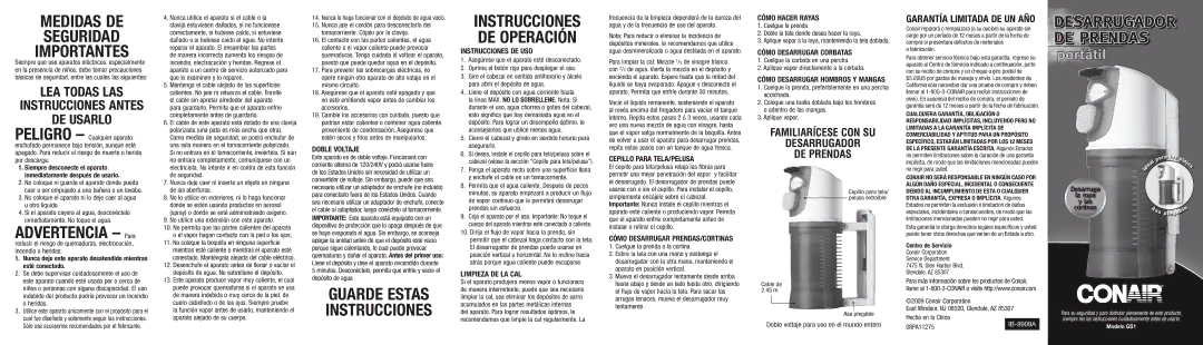 Conair GS1 warranty Doble Voltaje, Instrucciones DE USO, Limpieza DE LA CAL, Cepillo Para TELA/PELUSA, Cómo Hacer Rayas 