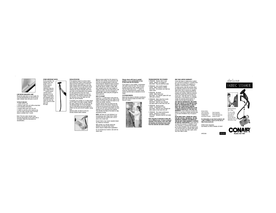 Conair GS11RH LOW Water Indicator Lamp, Other Important Notes, Decalcification, HOW to Steam, To Steam Drapes 