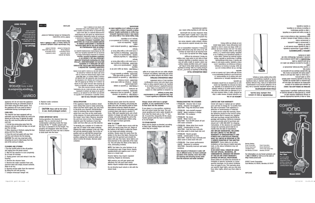 Conair GS29 Cord Reel, Cleaning and Storing, Other Important Notes, Decalcification, HOW to Steam, To Steam Drapes 