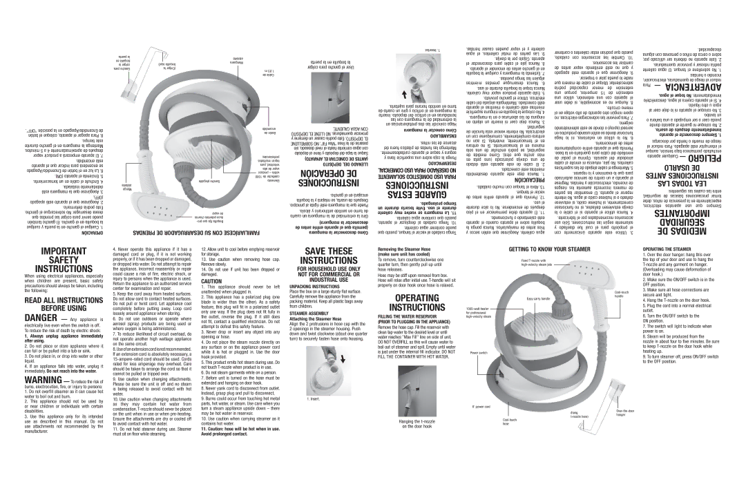 Conair GS33 important safety instructions Unpacking Instructions, Steamer Assembly, Operating the Steamer 