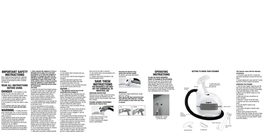 Conair GS61 important safety instructions Unpacking Instructions, Container with HOT Water, Operating the Steamer 