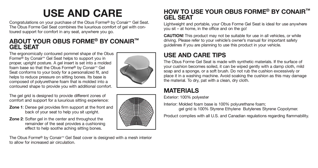 Conair GSE1 owner manual About Your Obus Forme by Conair GEL Seat, HOW to USE Your Obus Forme by Conair GEL Seat 