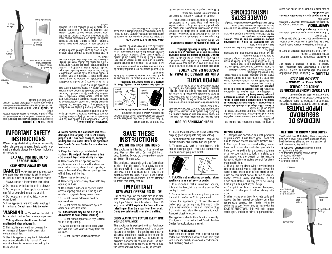 Conair hair dryer important safety instructions Read ALL Instructions Before Using, Operating Instructions 