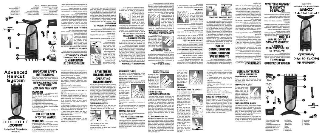 Conair HCNB-CAPE-1, HC701 important safety instructions Charging the Clipper, Using Direct PLUG-IN, Using the Comb Guides 