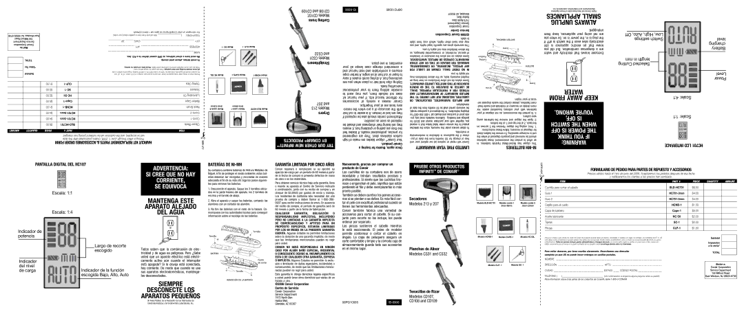 Conair HCNB-CAPE-1 important safety instructions Interface LCD HC701 Pantalla Digital DEL HC107, Baterías DE NI-MH 