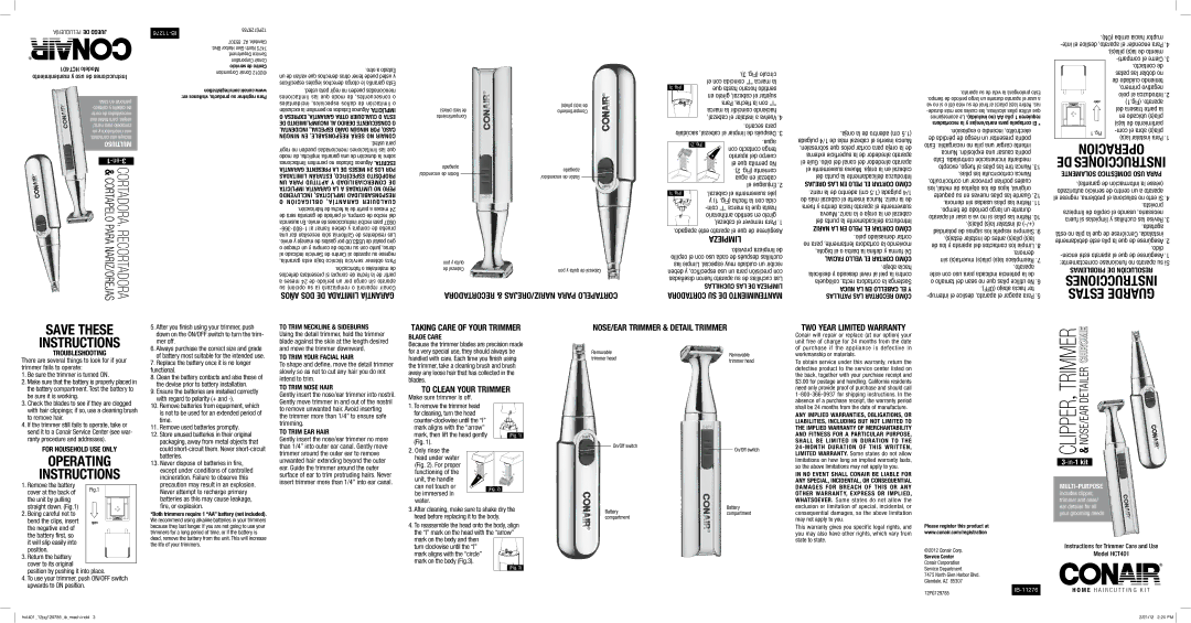 Conair HCT401 Limpieza, To Clean Your Trimmer, NOSE/EAR Trimmer & Detail Trimmer, CLIPPER,NOSE/EAR Trimmerdetailer 