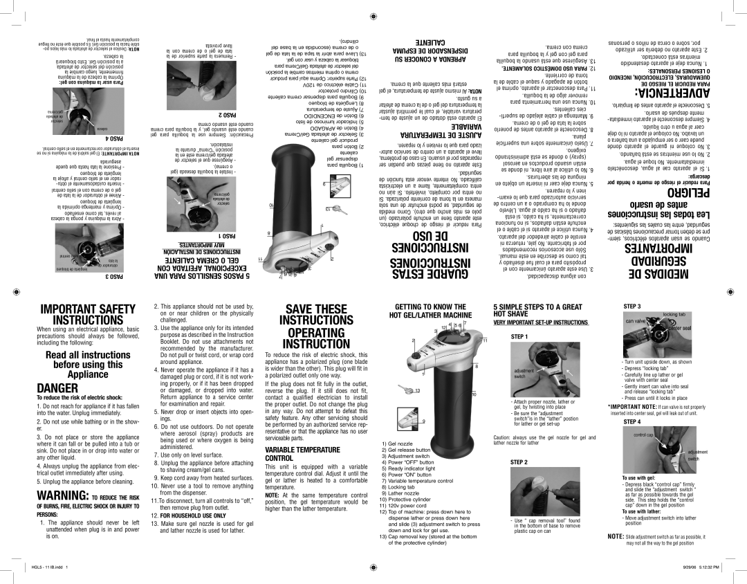 Conair HGL11, HGL5 important safety instructions Espuma DE Dispensador SU Conocer a Aprenda, Caliente Crema O GEL 