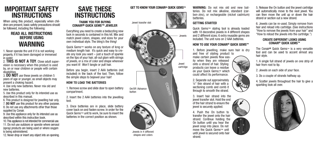 Conair HJ3BC important safety instructions Save These Instructions, HOW to Load the Batteries, Getting Started 