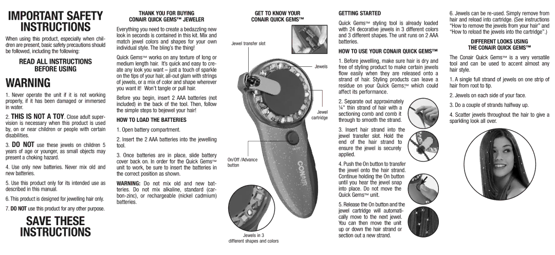 Conair HJBC important safety instructions Save These Instructions, HOW to Load the Batteries, Getting Started 