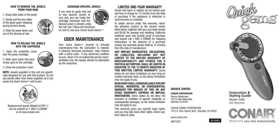 Conair HJBC How to reload the jewels Into the cartridge, Close the protective cover Choosing specific Jewels 