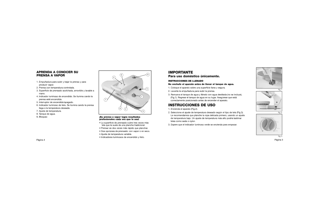 Conair IB-7788 manual Importante, Instrucciones DE USO, Aprenda a Conocer SU Prensa a Vapor 