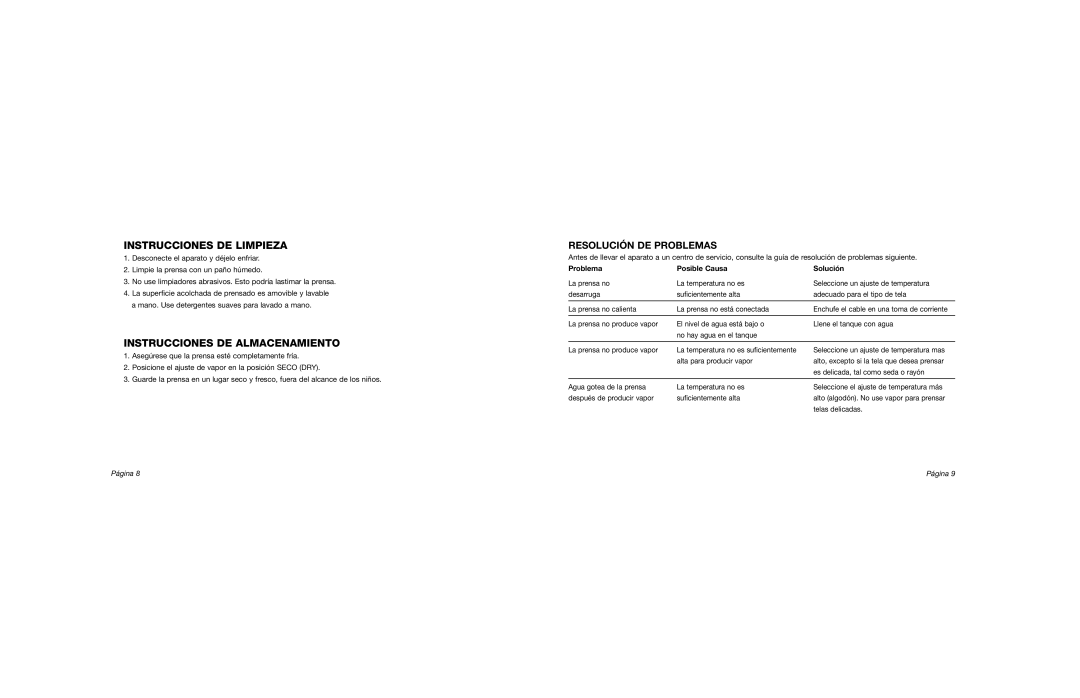 Conair IB-7788 manual Instrucciones DE Limpieza, Instrucciones DE Almacenamiento, Resolución DE Problemas 