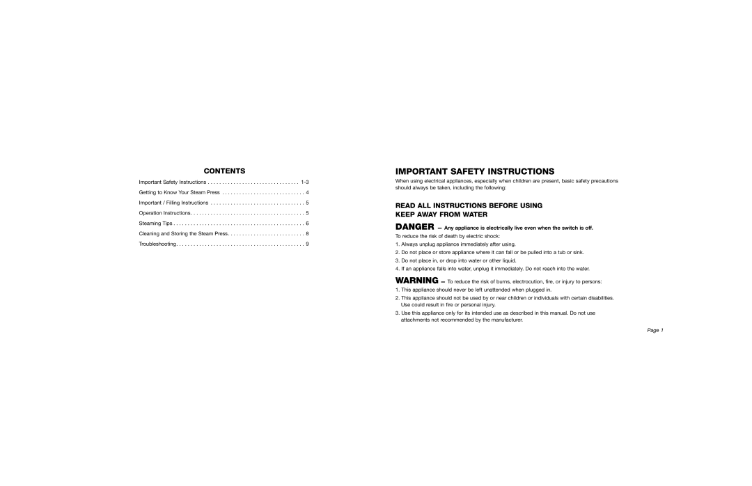 Conair IB-7788 manual Important Safety Instructions, Contents 