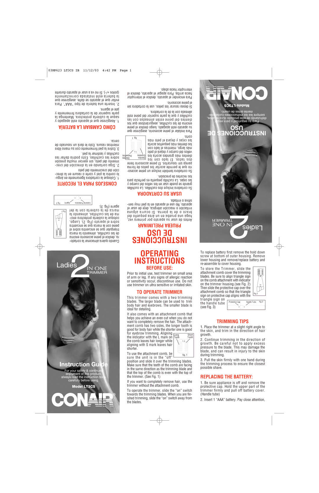 Conair LT3CS operating instructions Cortadora SU Usar, Preliminar Prueba, Before USE, To Operate Trimmer, Trimming Tips 