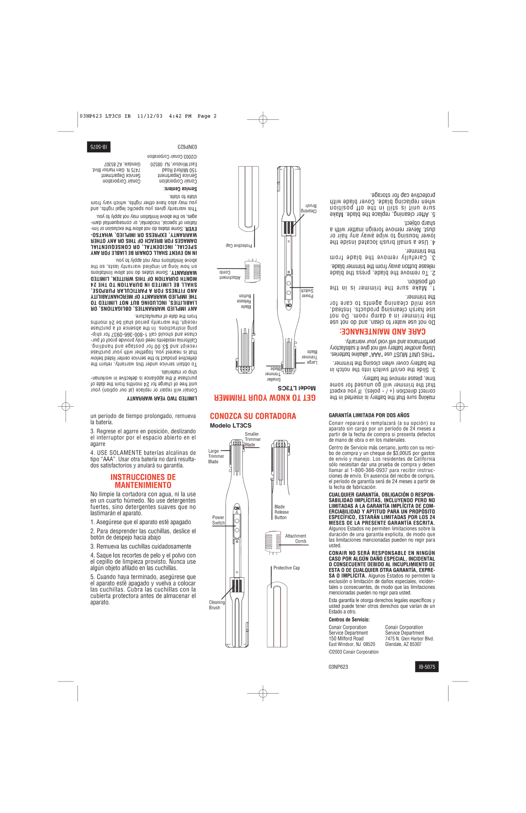 Conair LT3CS operating instructions Maintenance and Care, Instrucciones DE Mantenimiento, Conozca SU Cortadora 