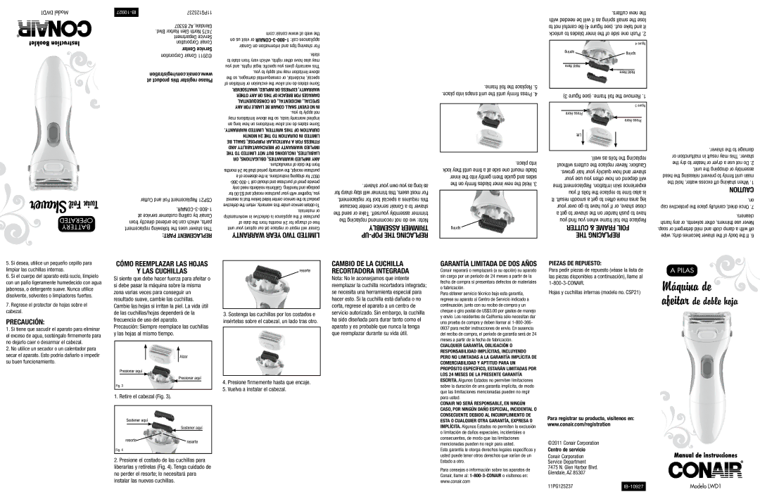 Conair LWD1P operating instructions Trimm, TwoYeararrantW, Mbl y, P up, Foil, Cómo reemplazar las hojas Las cuchillas 
