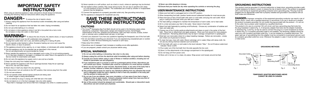 Conair Massaging Spa Foot Bath important safety instructions Special Warnings, USER/MAINTENANCE Instructions 