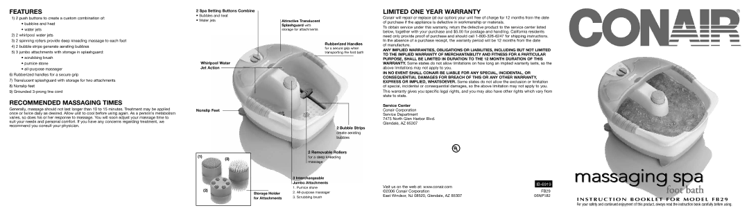 Conair Massaging Spa Foot Bath Features, Limited ONE Year Warranty, Recommended Massaging Times 