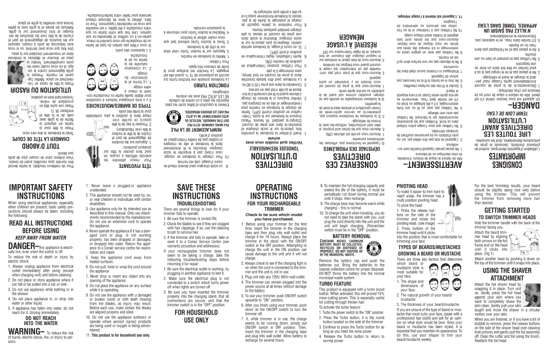 Conair MN252CSC operating instructions Rasoir DU Utilisation, Turbo Fonction, Do not Reach Into the Water, Troubleshooting 