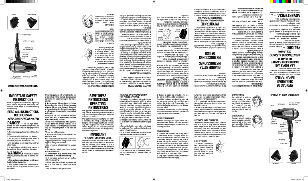 Conair Model 213 important safety instructions Secado DEL Fundamentos, Peinado Súper UN Para Guía, Super Styling Guide 