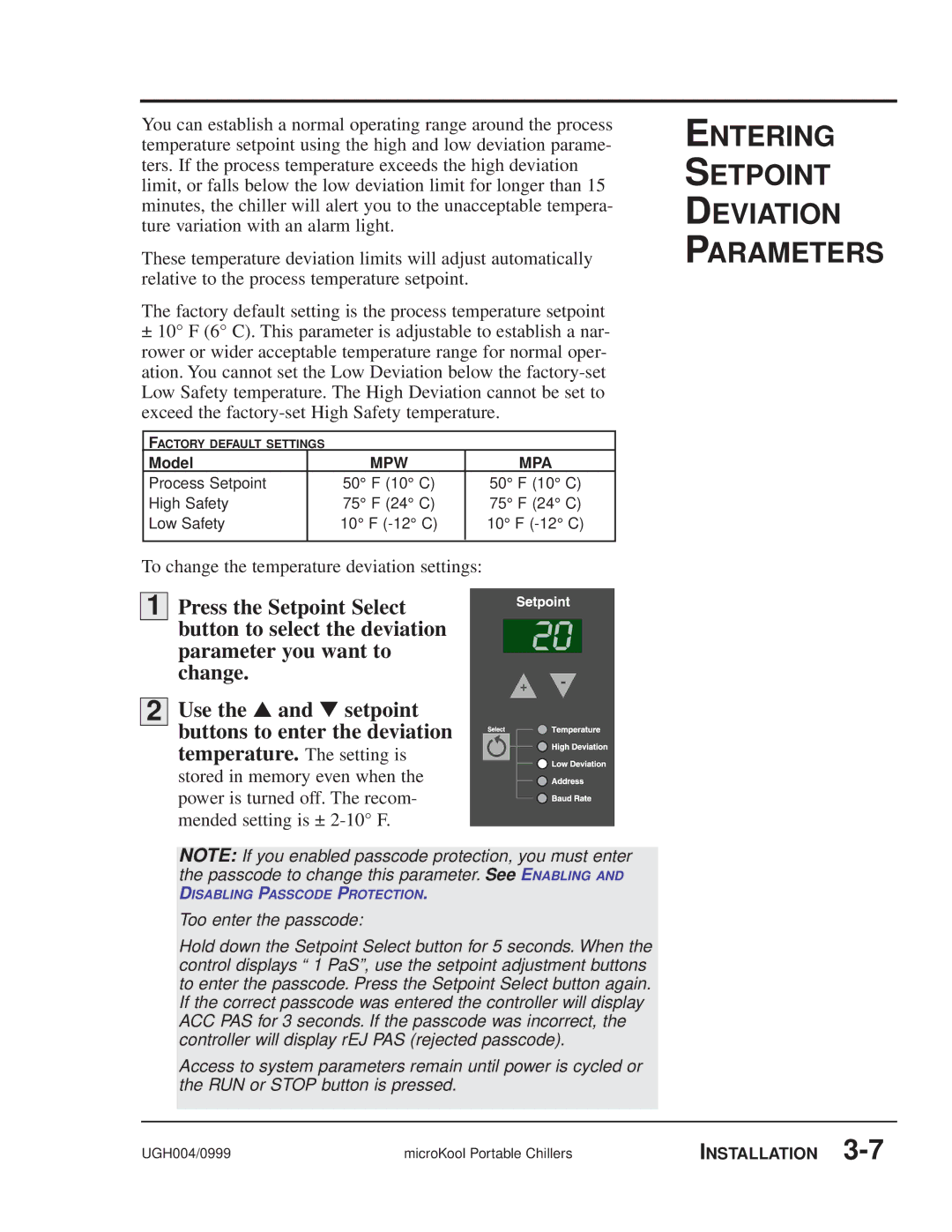 Conair MPW, MPA manual Entering Setpoint Deviation Parameters 