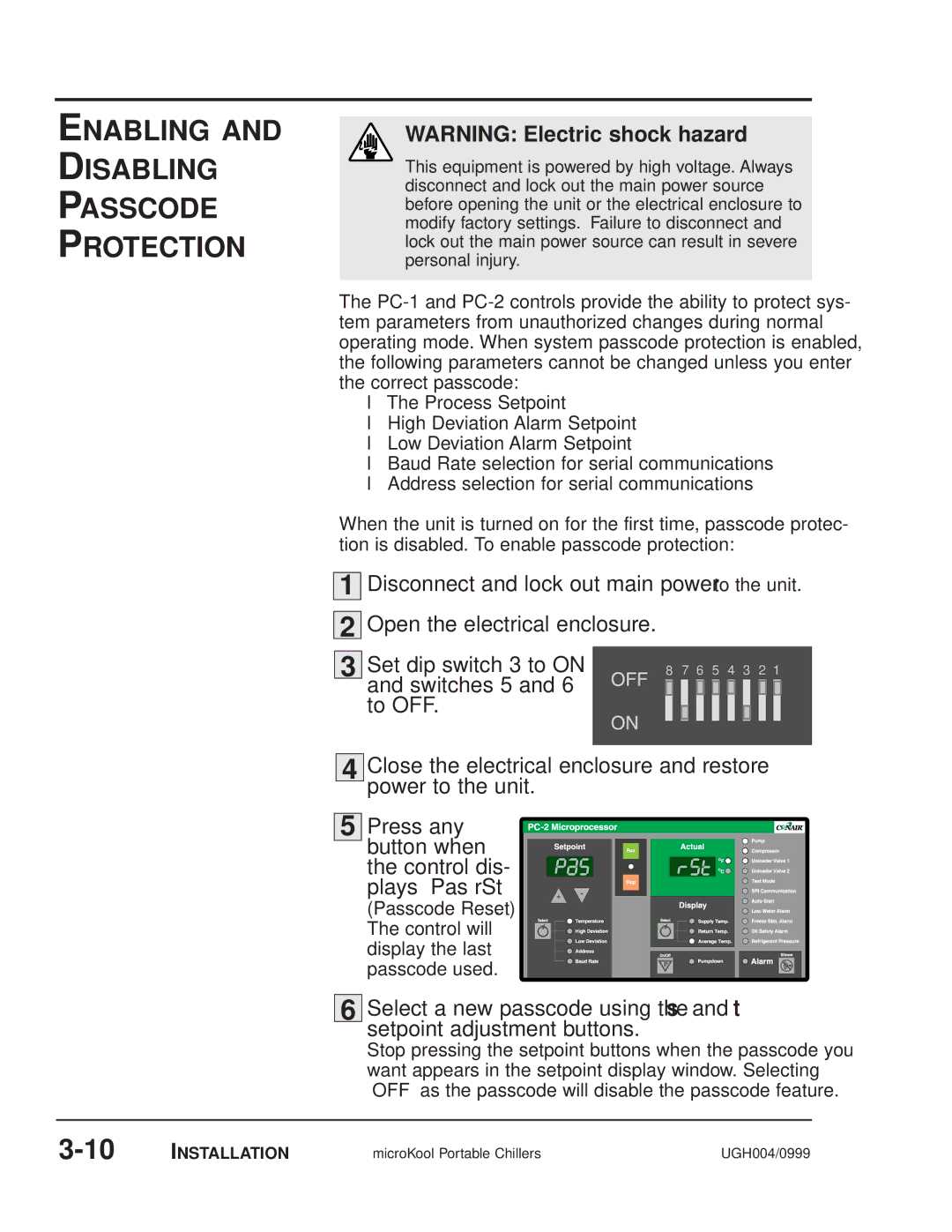 Conair MPA, MPW manual Enabling Disabling Passcode Protection, Disconnect and lock out main power to the unit 