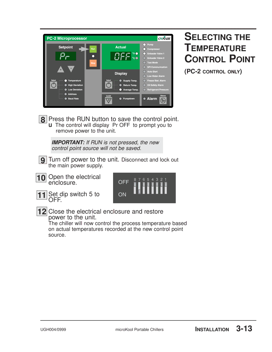 Conair MPW, MPA manual Press the RUN button to save the control point, Set dip switch 5 to 