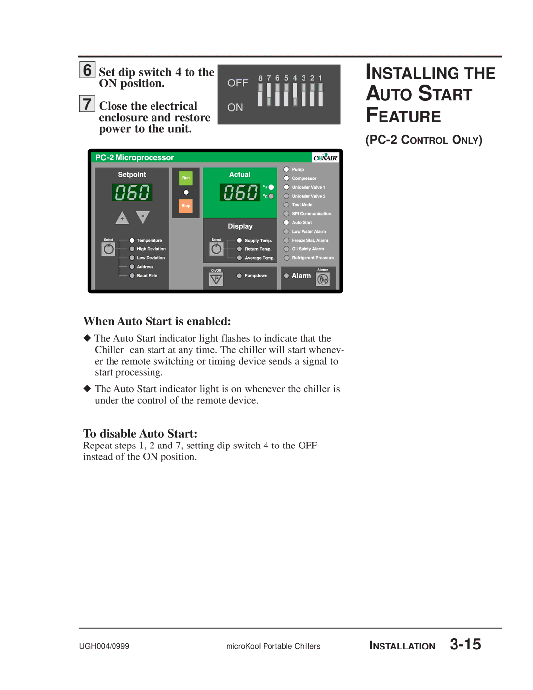 Conair MPW, MPA manual Set dip switch 4 to the on position, When Auto Start is enabled, To disable Auto Start 