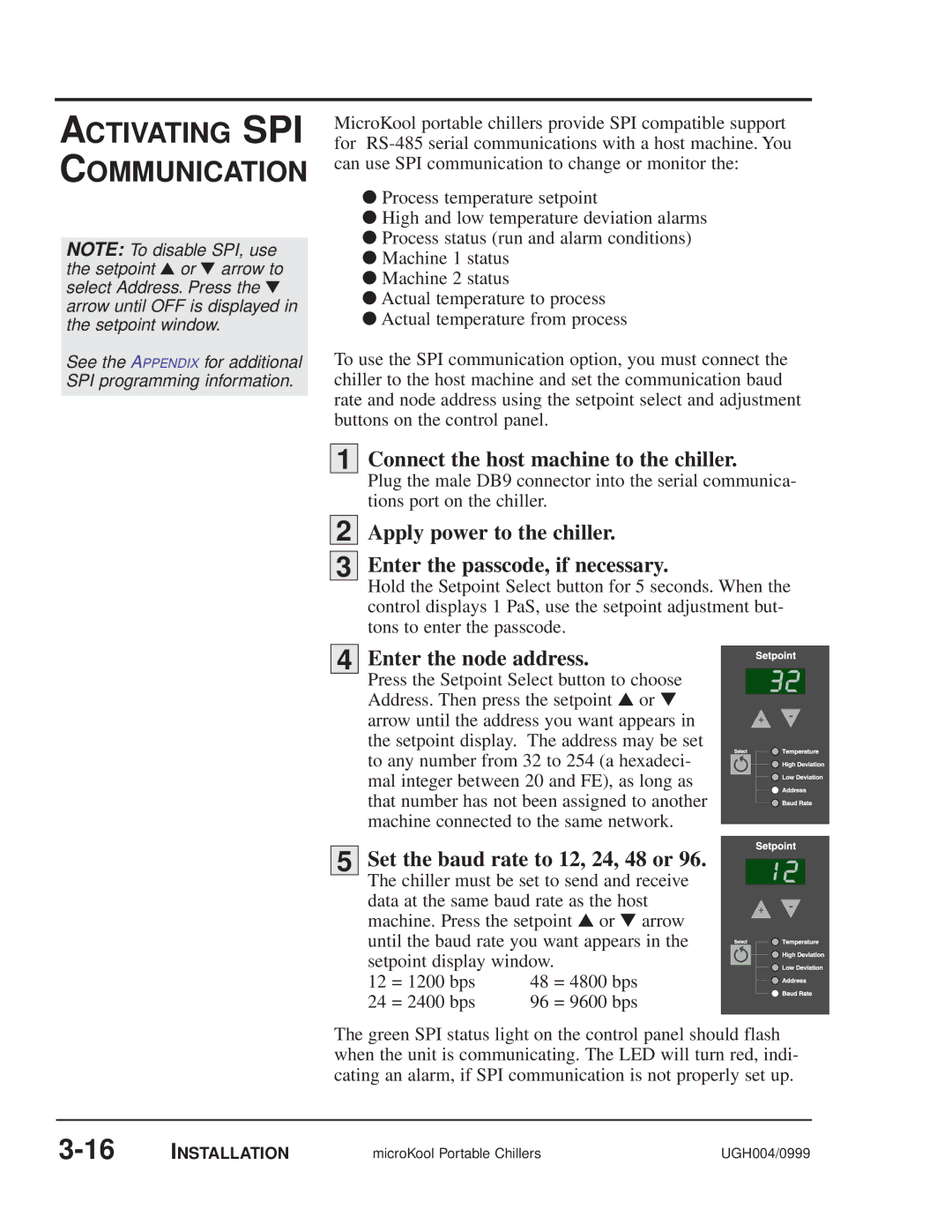 Conair MPA, MPW manual Activating SPI Communication, Connect the host machine to the chiller, Enter the node address 