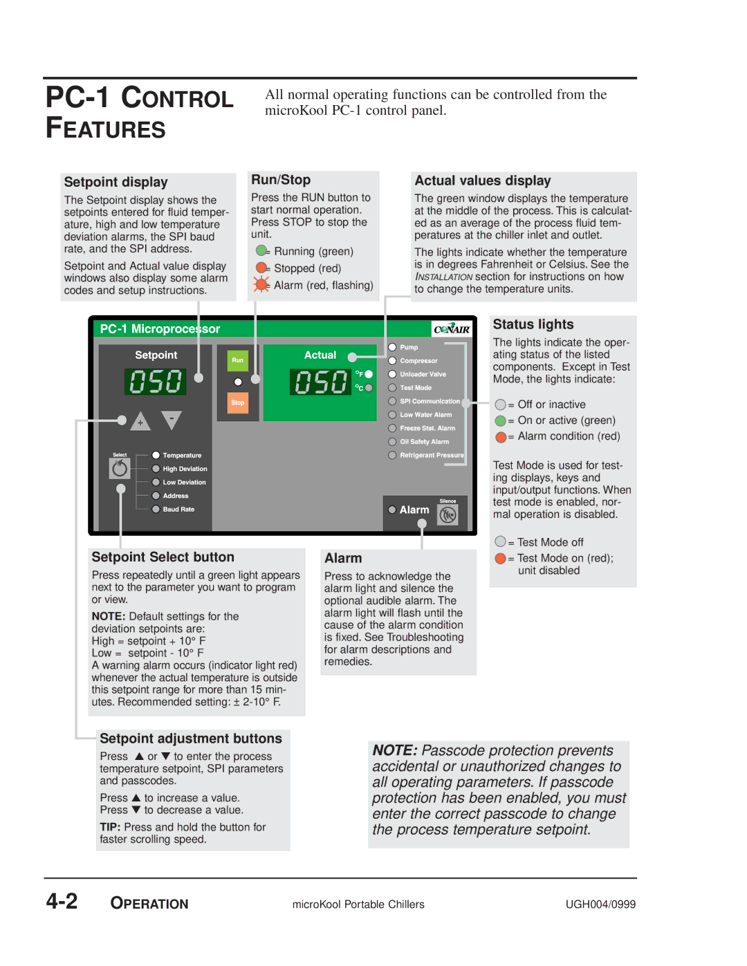 Conair MPA, MPW manual PC-1 Control Features, Setpoint display 