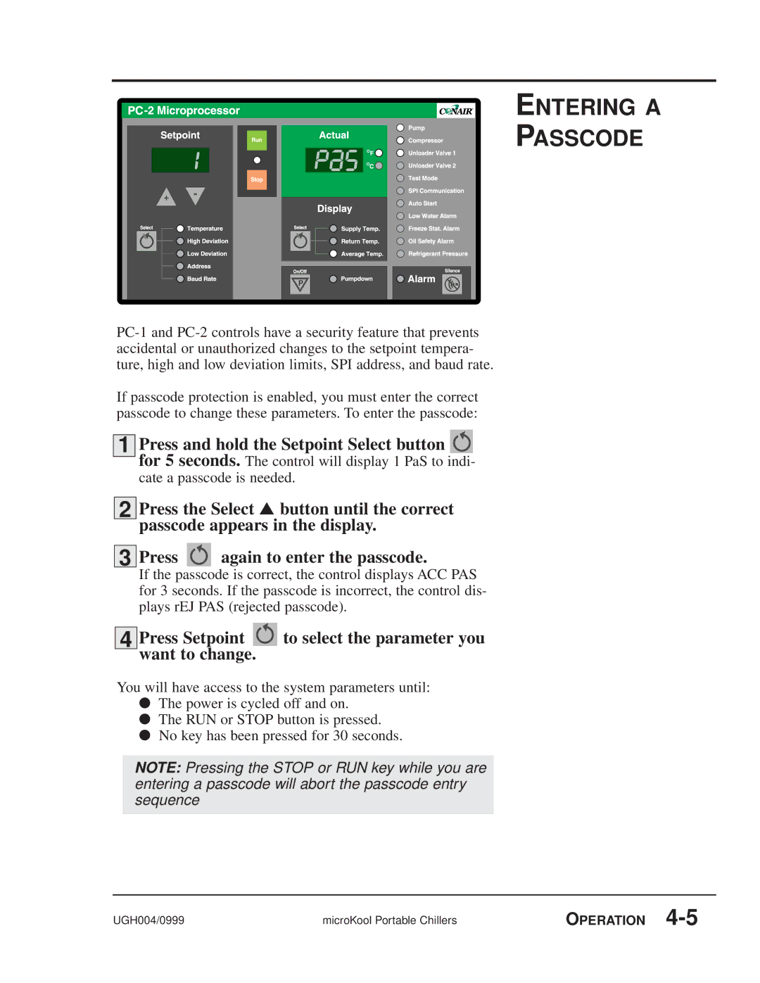 Conair MPW, MPA manual Entering a Passcode, Press Setpoint to select the parameter you want to change 